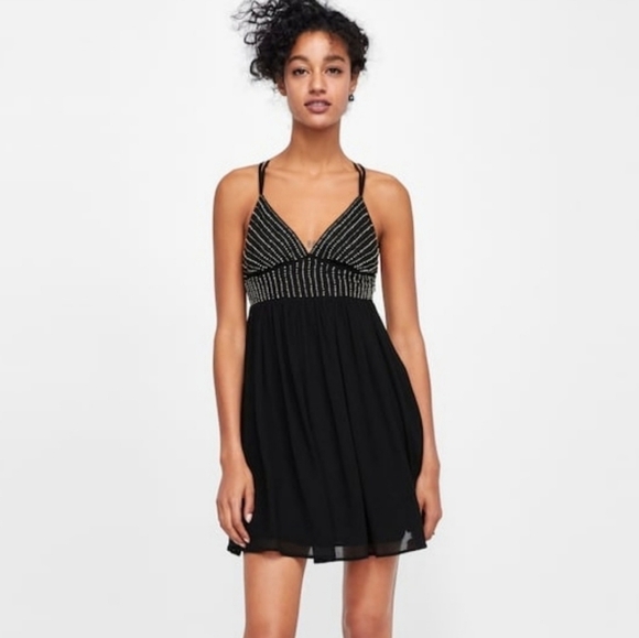 NWT Zara Little Black Dress Beaded Bodice Mini A-line Cocktail - Picture 1 of 16